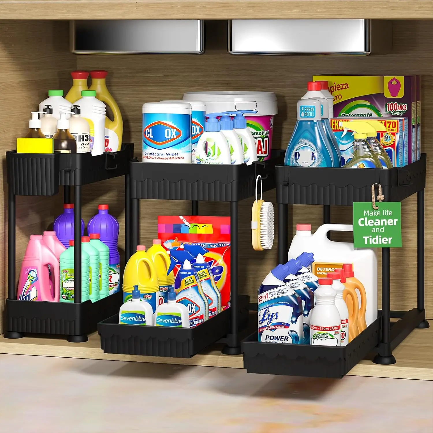 3 Pack Under Sink Organizers,2-Tier Multi-Use Kitchen and Bathroom Organizers and Storage with Sliding Drawers,Bathroom Cabinet Organizer (Black, 12.8 Inch)
