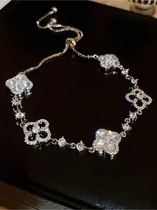 1 fashionable zirconia 4-piece flower bracelet, adjustable for women, lightweight, luxurious and elegant style accessory, suitable for women's gatherings, dates, vacations, and special gifts for girlfriends