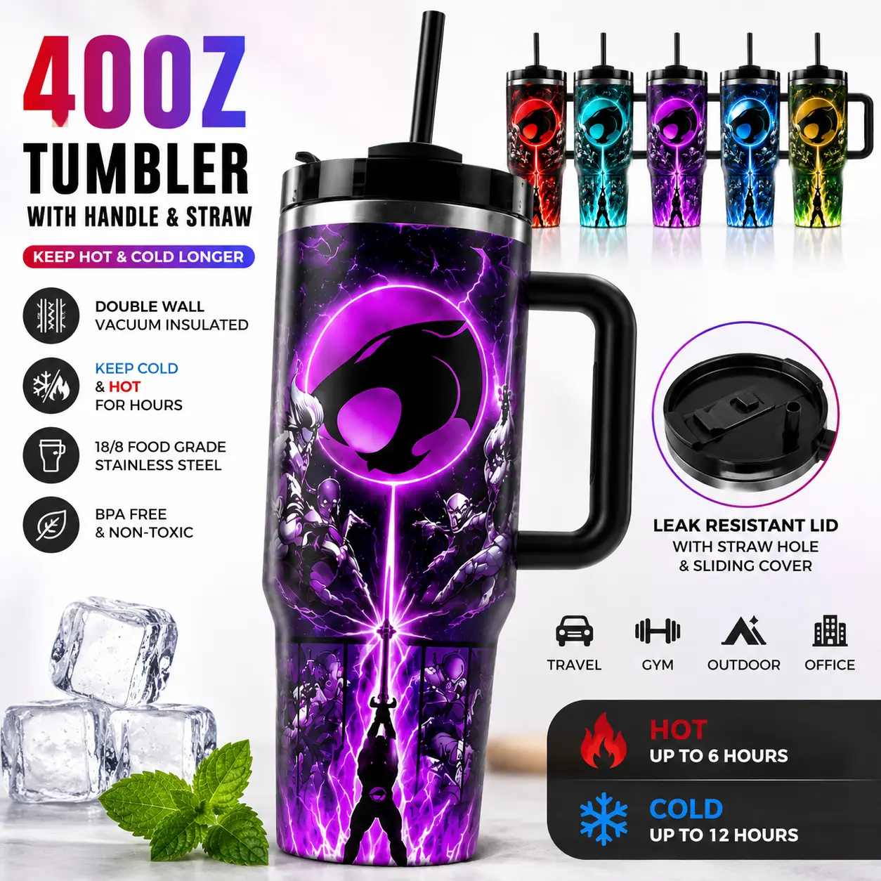 40oz Stylish Printed Cat Emblem Insulated Stainless Steel Tumbler - Kitchenware Drinkware with Handle, Straw, Lid for Coffee, Travel Use