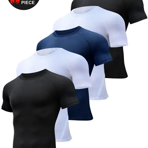 HOPLYNN Men's 5-Pack Short Sleeve Compression Shirts - Cool Breathable Tech, Dry Fit Tees, Quick Dry, Sweat-Wicking Rash Guard Base Layer, Slim Fitting Fitness Apparel for Sport Training, Swimming Pool