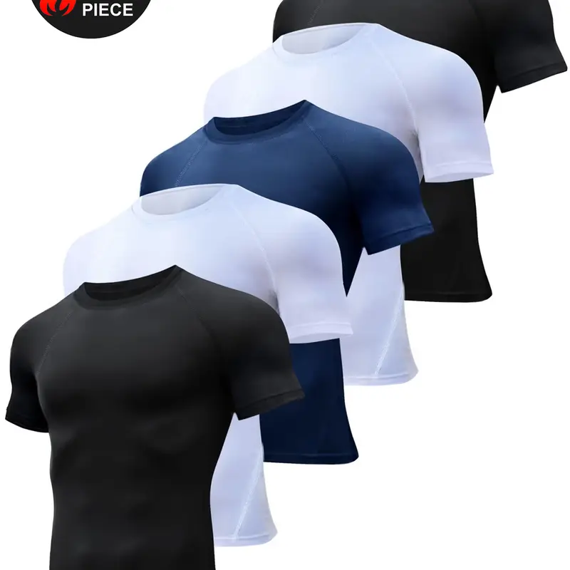 HOPLYNN Men's 5-Pack Short Sleeve Compression Shirts - Cool Breathable Tech, Dry Fit Tees, Quick Dry, Sweat-Wicking Rash Guard Base Layer, Slim Fitting Fitness Apparel for Sport Training, Swimming Pool