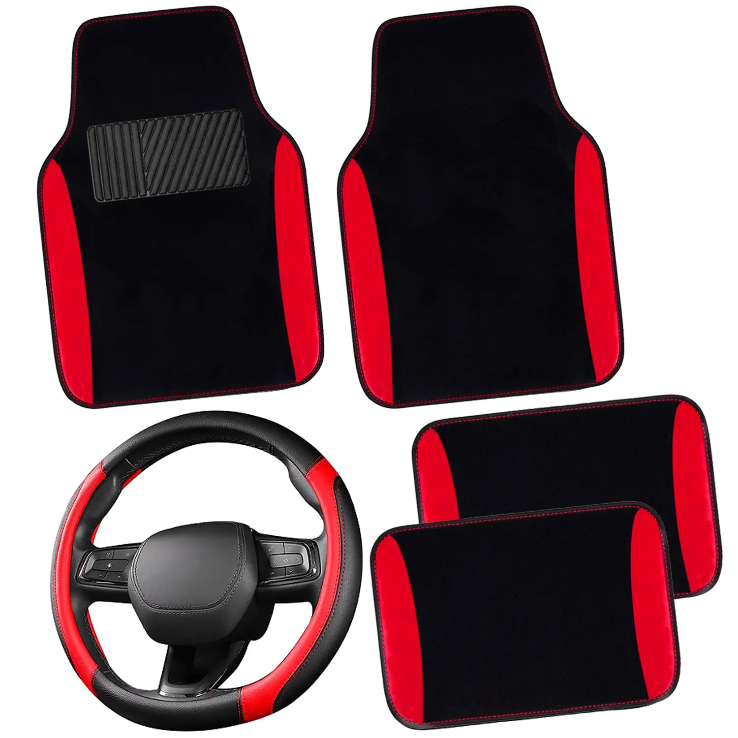 Faux Leather Steering Wheel Cover & Waterproof Car Floor Mats Set, 14.5-15 Inch, Anti-Slip, Comfortable Sporty Design, Universal Fit for 95% Sedan SUV Car Interior Accessories
