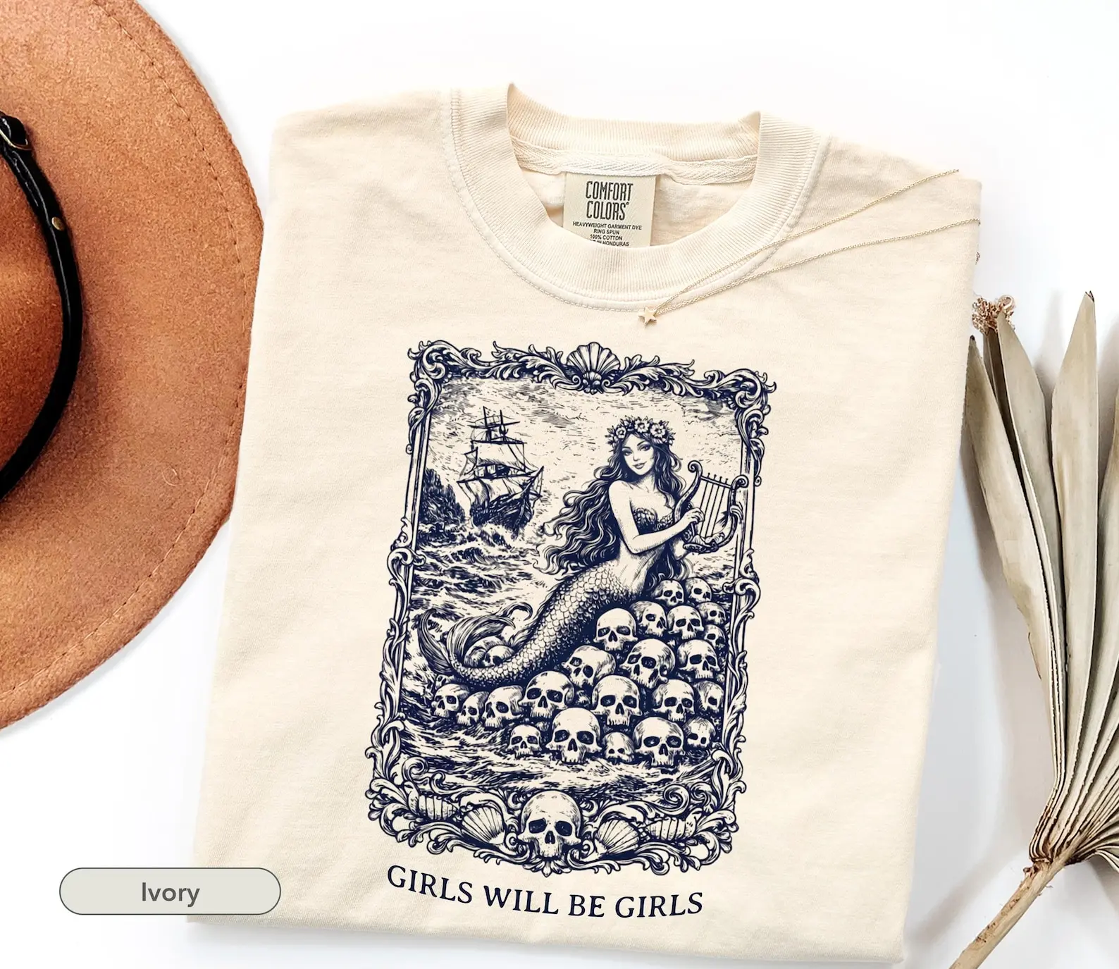 Comfort Colors Vintage Mermaid Siren Graphic Tee, Girls Will Be Girls Feminist Tee, Mythical Women's Empowerment Graphic Shirt, Gift for Her