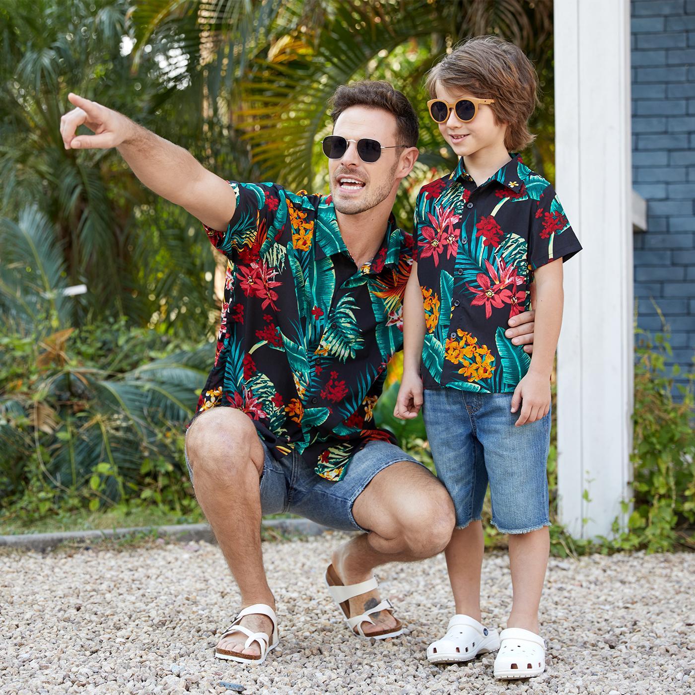 PatPat Family Matching Allover Plant Floral Print Halterneck Dresses and Short-sleeve Shirts Sets