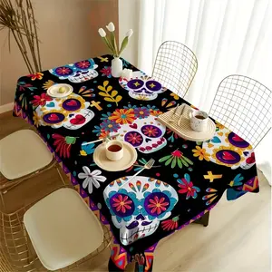 Dia De Los Muertos Tablecloth Colorful Skull Floral Print Polyester Easy Clean Indoor Outdoor Party Decor Black Chef Aprons Chicken Pattern Apron