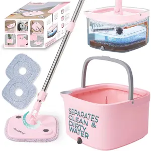 Square Spin Mop & Bucket Smart Floor Mop with Separate Compartments for Clean and Dirty Water, Self Cleaning 2025 Upgraded Version w/Side Brush & Self-Standing Handle, Rose