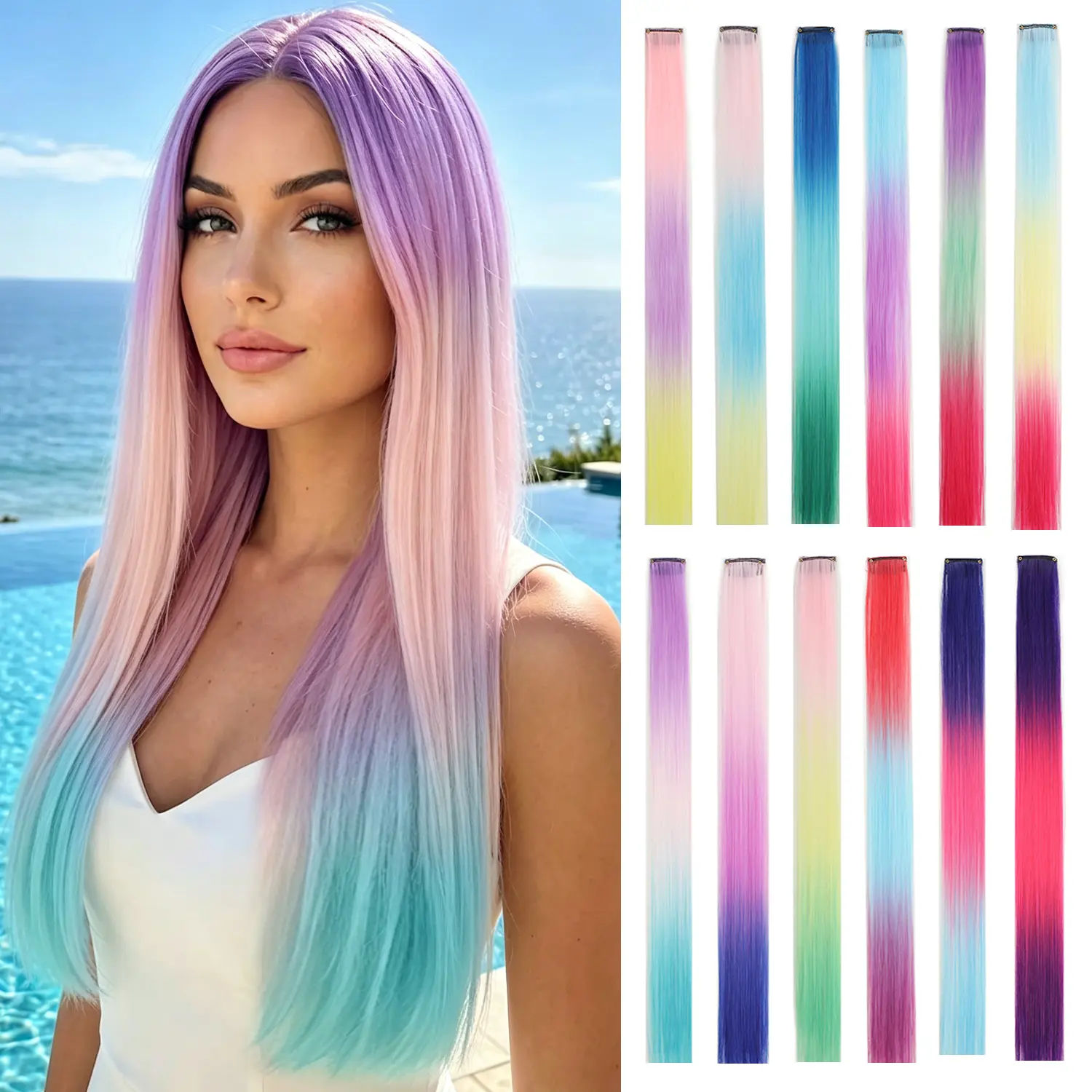 Colorful Clip-In Hair Extensions 18 Inch Straight Hair Clips In Synthetic Hair Rainbow Color Ear-Hanging Dye, Long Natural Look for Music Festival Easter Makeup National Day, Halloween, Christmas