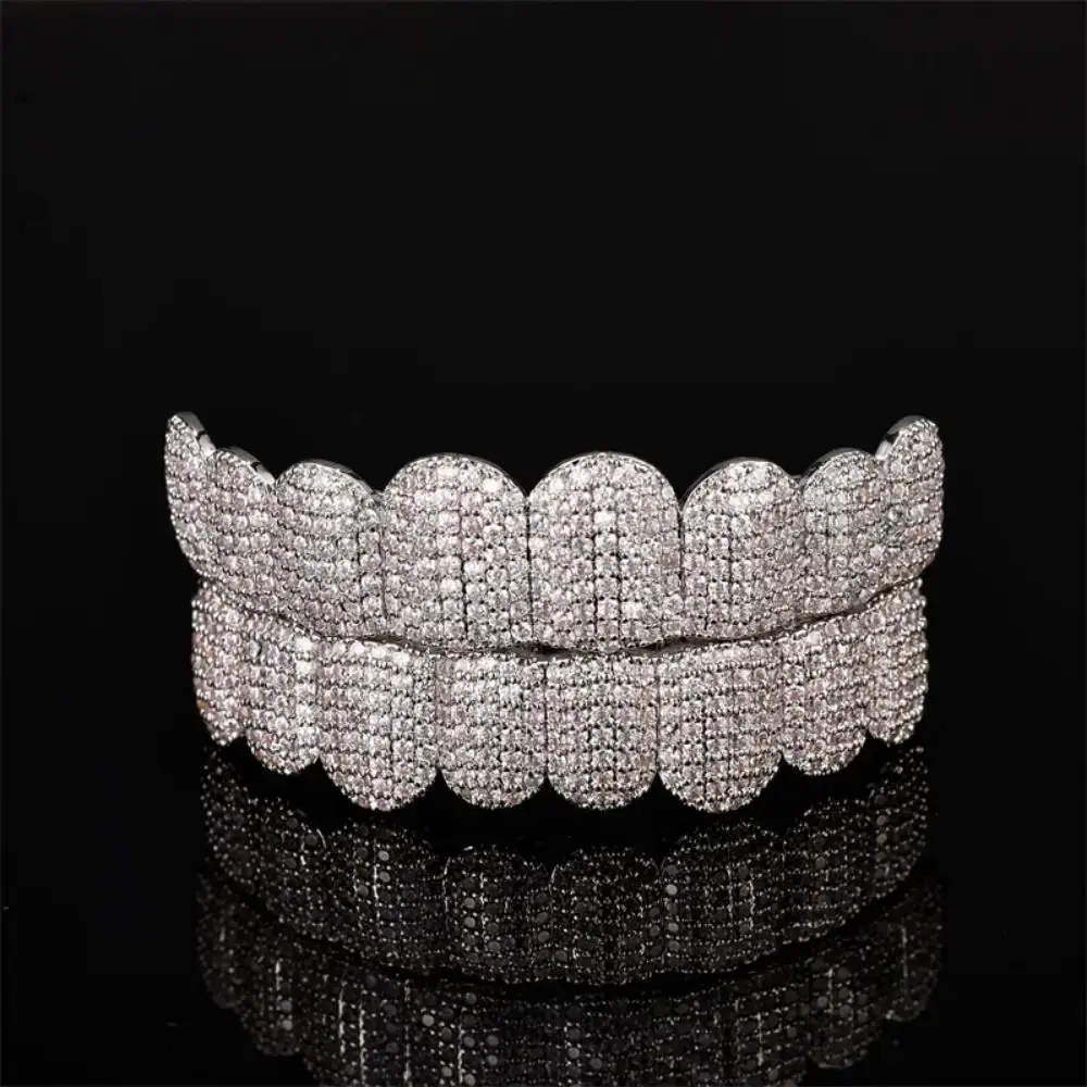 Hip Hop Teeth Grillz Set Removable Design Rhinestone Dental Grills Tooth Caps Zircon Top & Bottom Set Charm Teeth Grillz