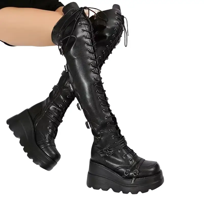 EROCALLI Women's Overknee Boots Thigh High Boots High Platform Ladies High Over The Knee Boots   Women's Platform Boots Winter Black Gothic Punk Lace-Up Boots Zip Knee High Boots Long Boots with Block Heel Long Shaft Boots