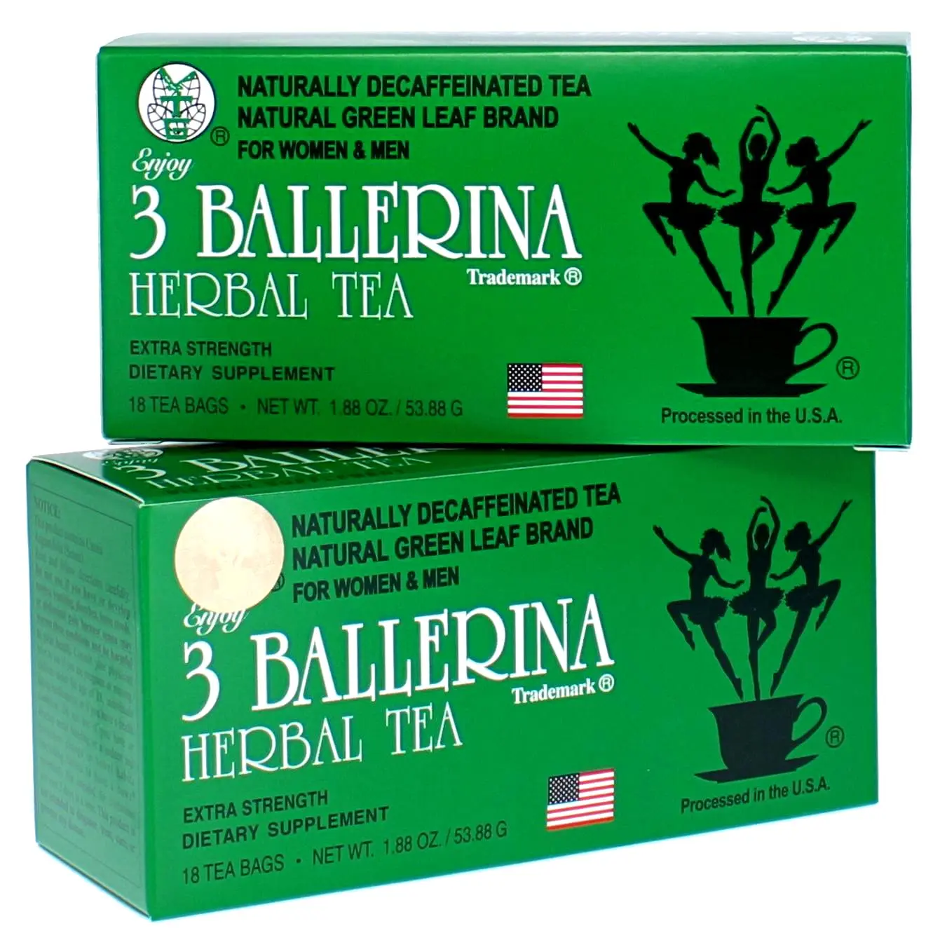 3 Ballerina Extra Strength Herbal Tea Drink 18-Count Tea Bags for Women & Men US Processed Naturally Decaffeinated Green Leaf Brand herbaldetox