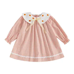 Kids Toddler Little Girls A-line Dress Halloween Pumpkin Embroidered Long Sleeve Doll Collar Pumpkin Embroidery Plaid Dress