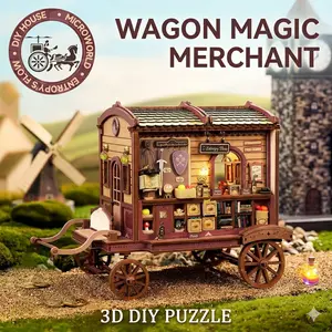 DIY Book Nook Kit Magic Wagon 3D Wooden Miniature Bookshelf Insert Dark Academia Desk Decor
