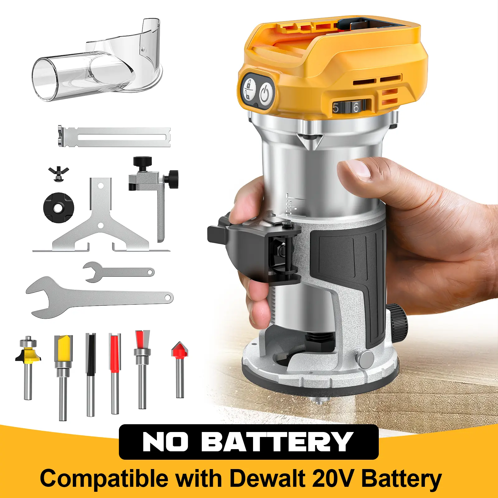 800W Cordless Compact Router Compatible with DeWalt 20V Battery, Battery Not Included, 6-Speed Adjustable Router Tool for Woodworking, 30000 RPM Fixed Base Woodworking Router with Trimming Router Bit, Edge and Roller Guide, Dust Cover