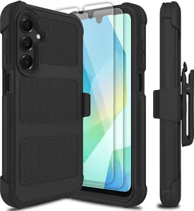 for  Galaxy A16 5G Case with 2 Pack Tempered Glass Screen Protector, [Holster Series] Belt Clip Hard Tough Heavy Duty Rugged Shockproof Protective Cell Phone Case (Black)