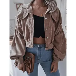 tank tops Women's?Plain Button Front Long Sleeve Pocket Corduroy Jacket?Coats,?Lady?Lantern Sleeve Collared Outerwear For Fall & Winter, Women's Clothes