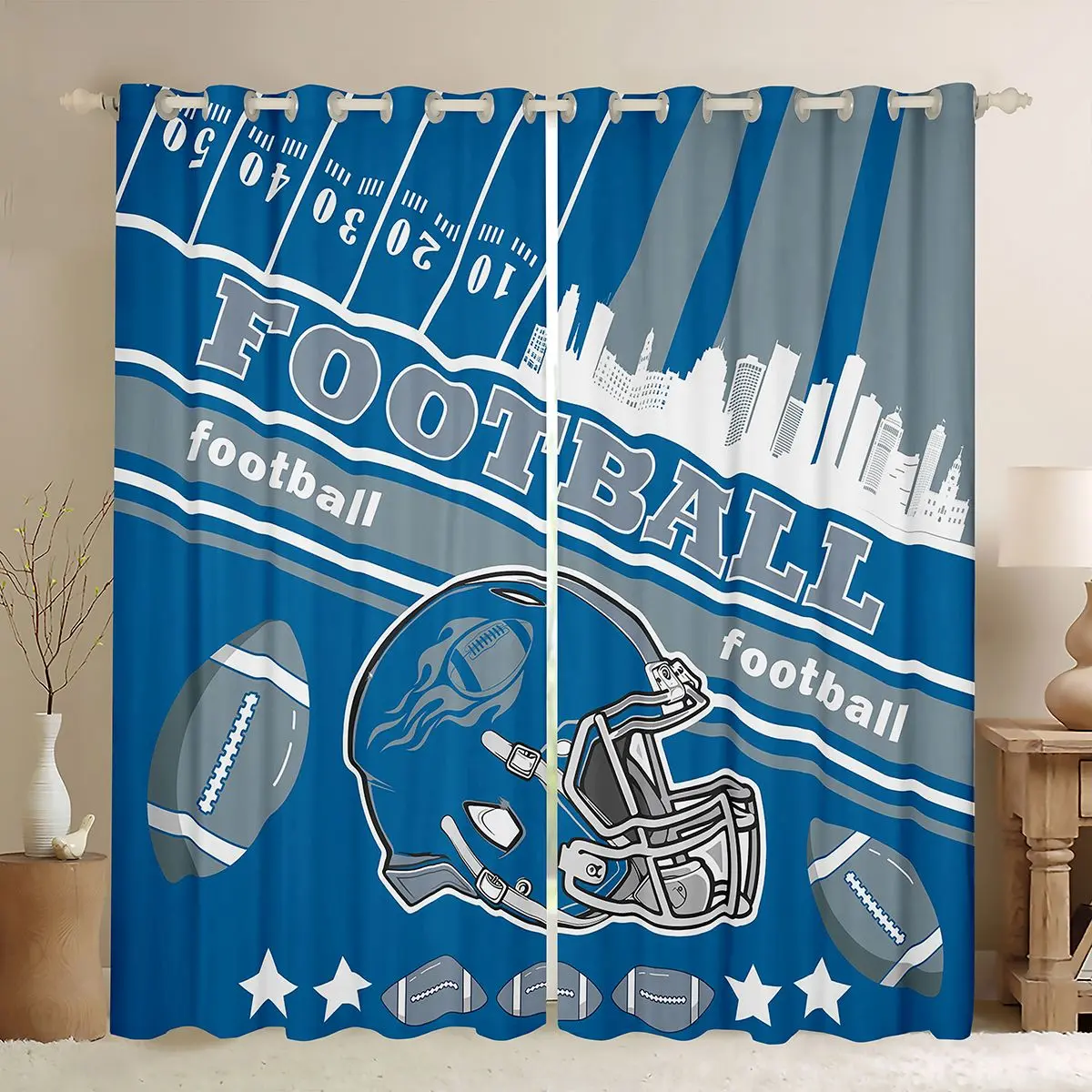 Feelyou Football Theme Heavy Curtains - Velvet Home Decoration Curtain with High-Detail Print, Privacy Grommet, 30%-50% Darkening Window Treatments for Detroit City Football Fans, Heavy Curtain