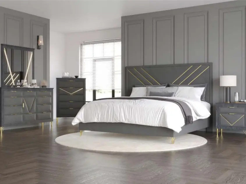 00-1826-4PC 4 pc Symmetry Faux Grey Marble Finish Wood Fabric Upholstered Headboard Gold Accents Queen Bed Set with Nightstand Dresser and Mirror