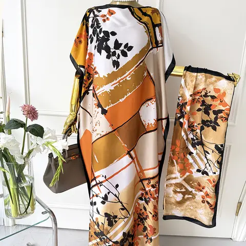 Women's 2-Piece Soft Satin Fabric Batwing-Sleeve Oversized Floral Print Lightweight Long Dress & Matching Shawl Set - FZP-15, Boho Drape, Elegance, All Seasons, Casual Statement Apparel for Beach Vacation, Anniversary Wear