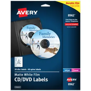 Avery Printable DVD Labels, Matte White Film, Permanent Adhesive, Laser & Inkjet Printers, 20 Blank DVD Labels & 40 Spine Labels (8962)