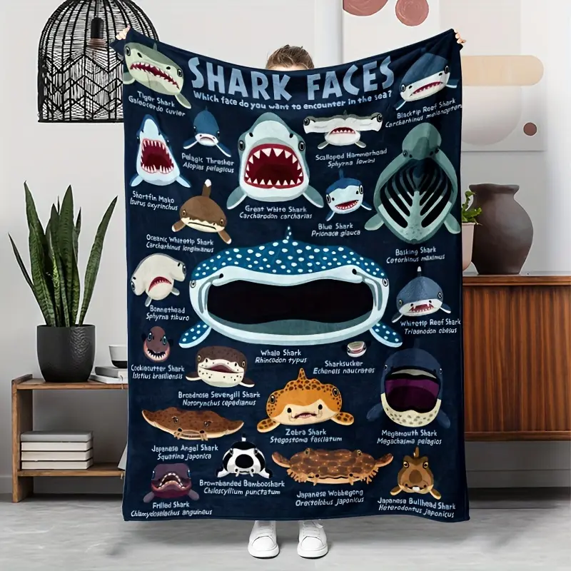 Shark Faces Species Guide Flannel Blanket, Ultra-Soft Plush Throw with Educational Shark Print, Cozy Warm Fleece Blanket for Couch Bed Sofa, Perfect Marine Biology Decor & Gift for Ocean Lovers, All-Season Comfort