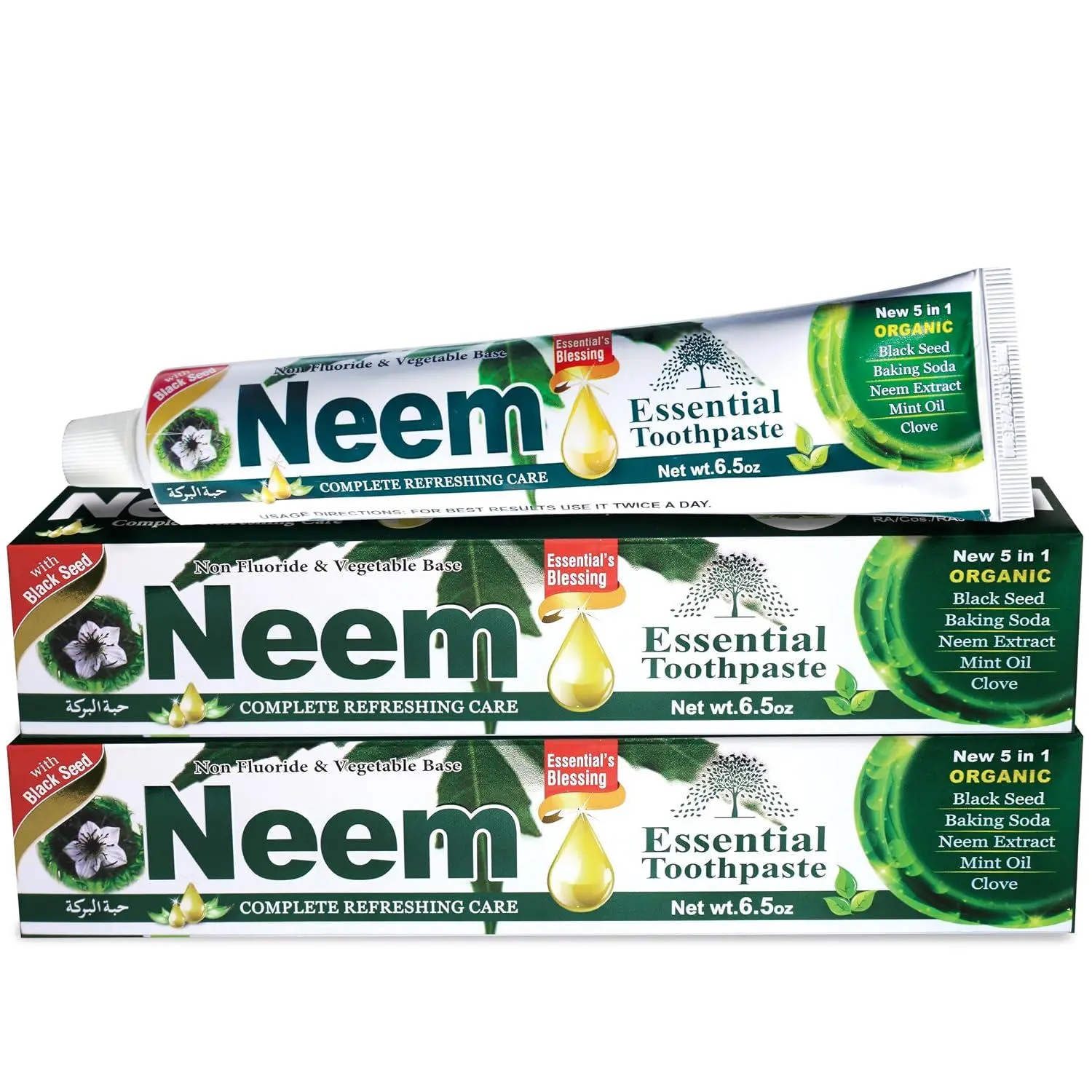 NEEM Essential Toothpaste - 6.53 oz Pack of 2 | New 5 in 1 | Fluoride Free | Cavity Protection, Excellent Freshness, Made with natural and organic ingredients
