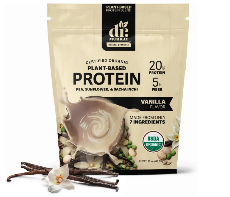 Dr. Murray's Organic Plant-Based Protein Powder | USDA Organic Certified | 20g Protein, 5g Fiber | Pea, Sunflower & Sacha Inchi Protein Nutrition Supplement
