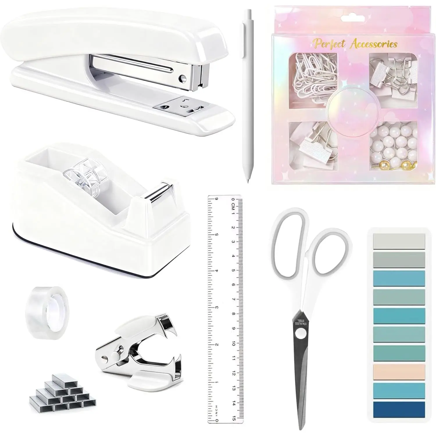 White Office Desk Accessories Set with Anti-Slip Base, Lively Playful Cute Look - Includes Tape Dispenser, Stapler, Staple Remover, 1000 Staples, Tape, 1x4-Grid Clip Set, Ruler, Scissors, Ballpoint Pen - Ideal Birthday Gifts for Teachers