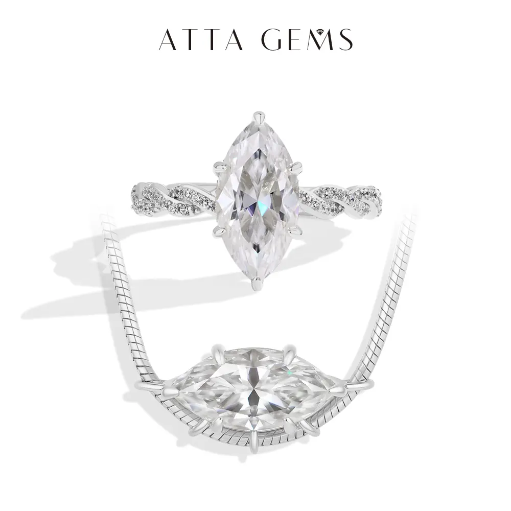 ATTAGEMS D VVS1 Color Lab-Created 3.0ct Moissanite Ring/5ct Moissanite Pendant for Women Copper 14k Gold Plated Jewelry Set Anniversary Birthday Wedding Gift for Her
