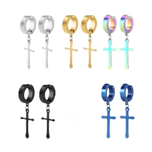 Dangling cross earrings set for men and women, stainless steel cross dangling hoop earrings hinges, suitable for boys and girls