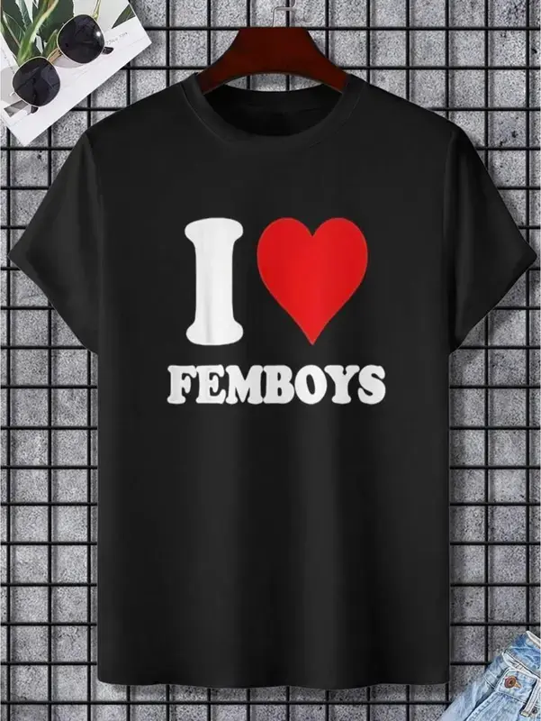Men's Graphic T-shirt with "I Love Femboys" Design, Casual Loose-Fit Short-Sleeve in Soft 100% Cotton for All Seasons
