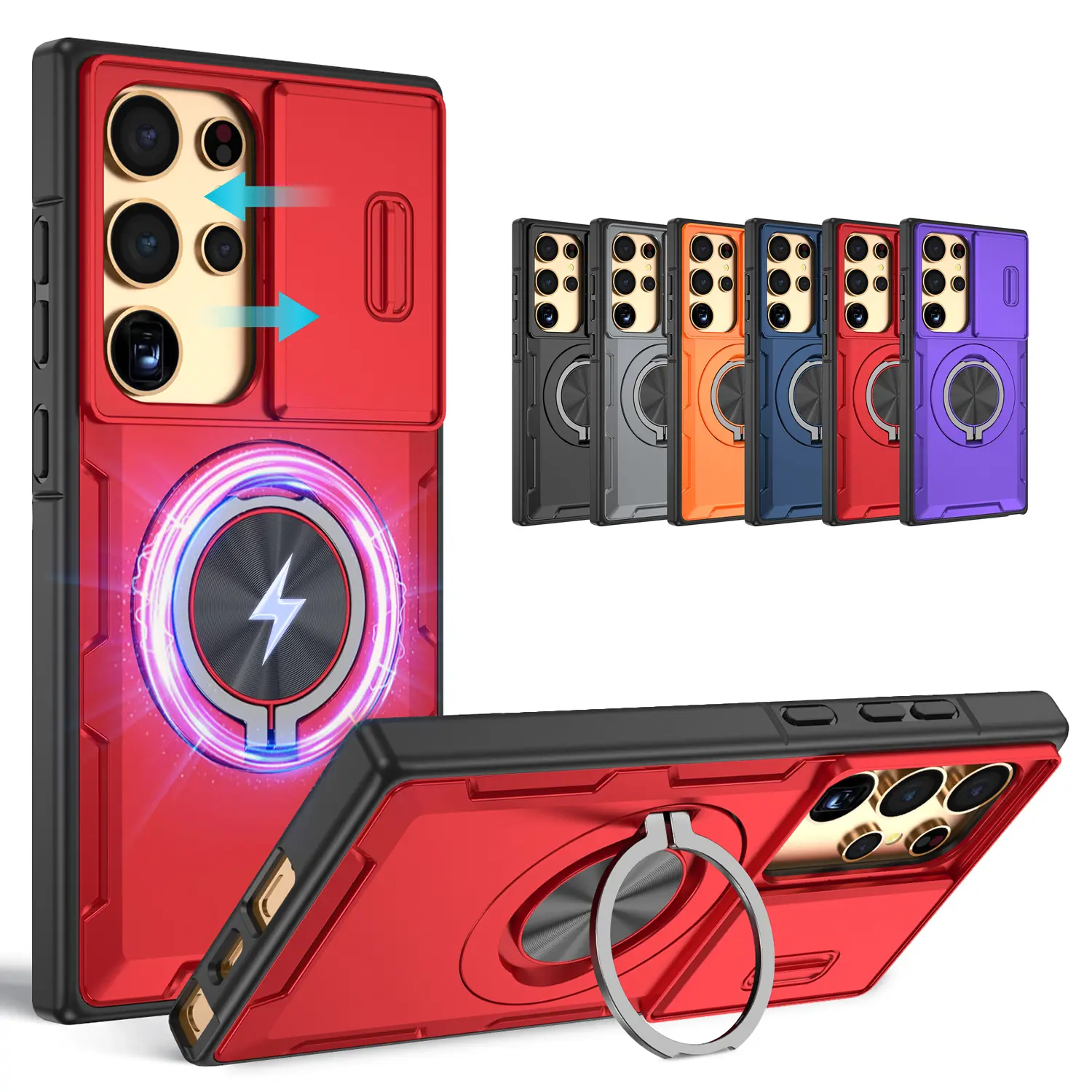 Magnetic Heavy Duty Protective Case for Samsung Galaxy S26-S25-S24-S23-S22 Ultra Series, with Slide Camera Cover, 360° Rotatable Ring Kickstand, MagSafe Compatible, Dustproof Shockproof Phone Accessories for Protection, Galaxy Series