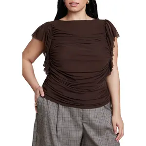 ELOQUII Women's Plus Size Shirred Mesh Top With Shoulder Flounces