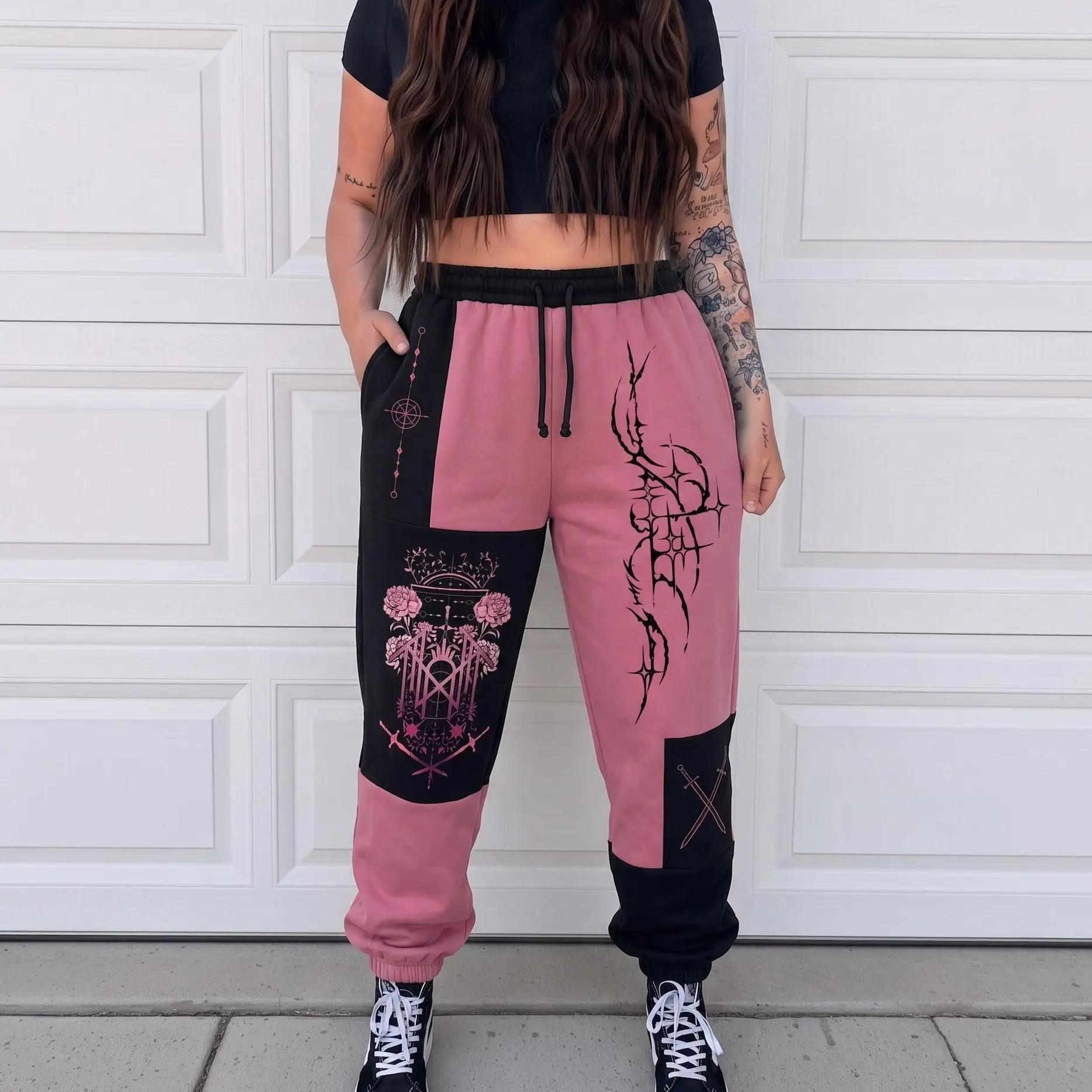 Pink Sleep Token Sweatpants, Pink Black Gothic Band Jogger Pants, Aesthetic Streetwear Pants, Fall Winter Pants, For Men & Women, Gift For Sleep Token Fans