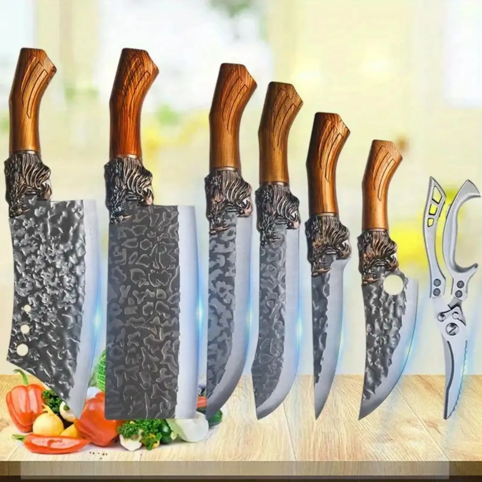 7-Piece Durable Forged Professional Stainless Steel Chef Blade Set with Block - Ultra-Sharp Knives Kitchen Set for Meat Cutting, Fish Preparation - Includes Boning, Slicing, Carving, Filleting, Paring Knives & Premium Bone Cleaver, 7 Pieces, Meatcleaverse