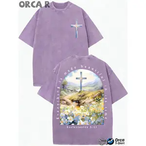 Men Retro Washed Cotton Graphic Tee Cross Bible Verse Crew Neck Streetwear Summer Outfit Ideas Loose Fit Hip Hop Style Daily Wear Holiday Gift for Men