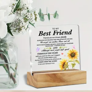To My Best Friend Sunflower Acrylic Plaque - Chosen Family Sentimental Keepsake Gift for Bestie, Birthday, Friendship Day, Desk Decor with Wooden Base