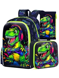 3pcs Dinosaur Gaming Backpack Set | Neon Graffiti Style | Insulated Lunch Bag & Pencil Case | Boys Elementary School Backpacks