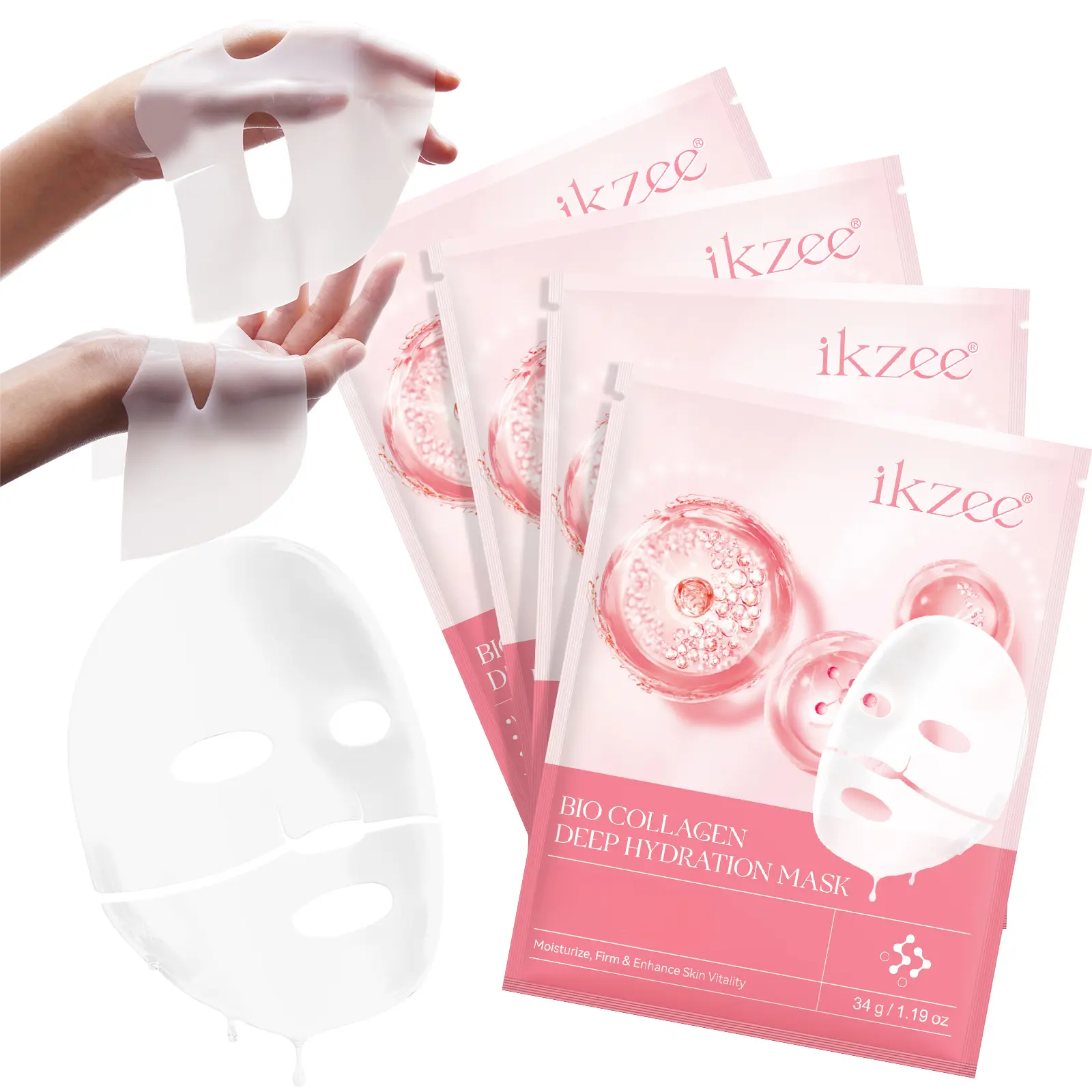 ikzee Bio-Collagen Real Deep Mask, Hydrating Hydrogel Sheet Mask Moisturizer for Pore Minimizing & Smoothing Dull Skin - Anti-Wrinkle Selfcare for Adults, Normal Skin Type, 4 x 34g Sheets