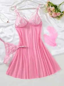 Women'S Sexy Deep V Lace Cami Nightdress, Nuisettes Negligee Night Gown Sheer Pajamas Chemise, Floral Lace Nighty Babydoll,Mature Women Honeymoon Sheer Mesh Lingerie Set,Elegant And Tempting Sleepwear For Romantic Nights,Honeymoon, Or Daily Homewear