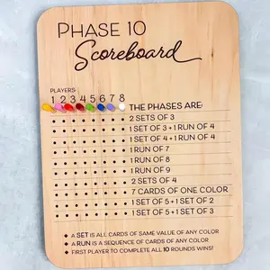 Wooden Phase 10 Scoreboard Set with 8 Colorful Pins, Wooden Board Game, Fun Table Card Games Accessories, Tabletop Games, Perfect for Party Family Game Night
