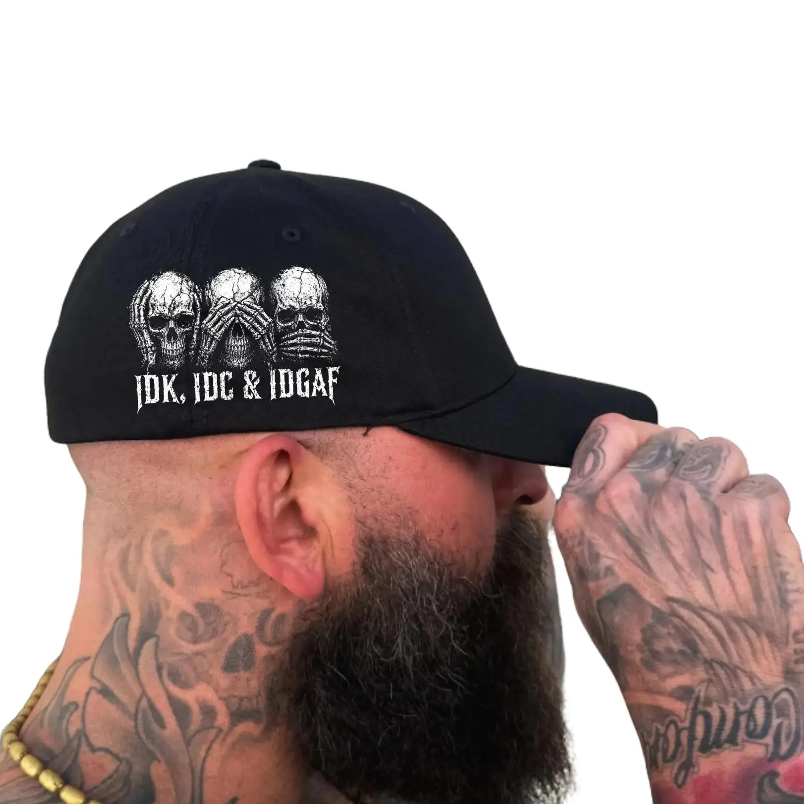 IDC Side Style Flexfit Cotton Hat - Fitted Black Hats With White Side Design, Original Flexfit Technology, Premium Cotton-Spandex Blend, Structured 6-Panel Mid-Profile Cap, Premacurv Visor For Streetwear, Casual Wear