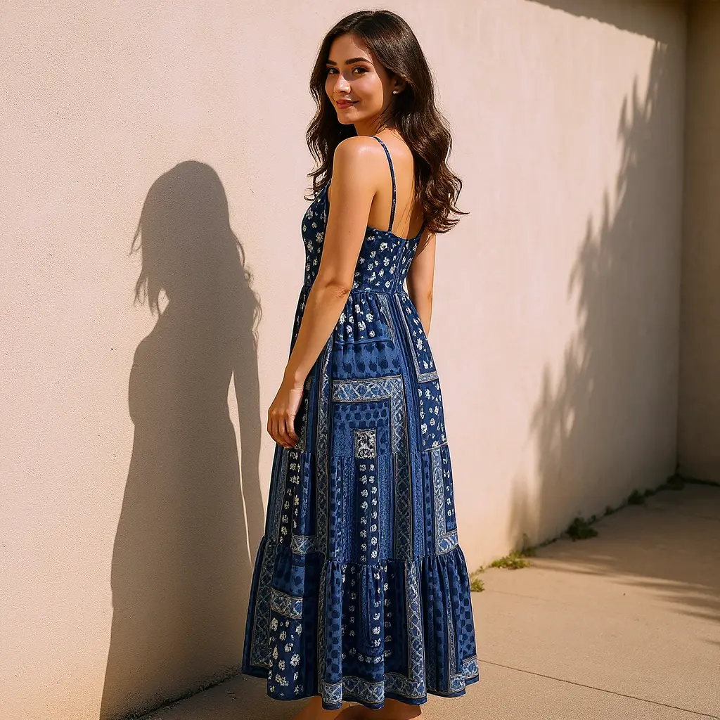 Aethno Women's Bohemian Patchwork Dress in Cotton Blend, Traditional Sleeveless Summer Style with Adjustable Straps and Casual Fit, Fabric, Ethnic
