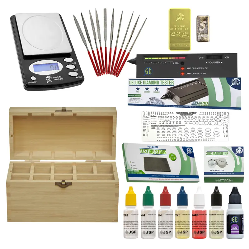 Jewelry Test Kit for Collectors - Accurate Testing Tool with 10K-24K Digital Scale, Diamond & Gemstone Tester Analyzer, Acids & Solutions, Bamboo Box, Instruction Guide, 9V Battery, Complete Testing Range - Choking Hazard Small Parts Warning