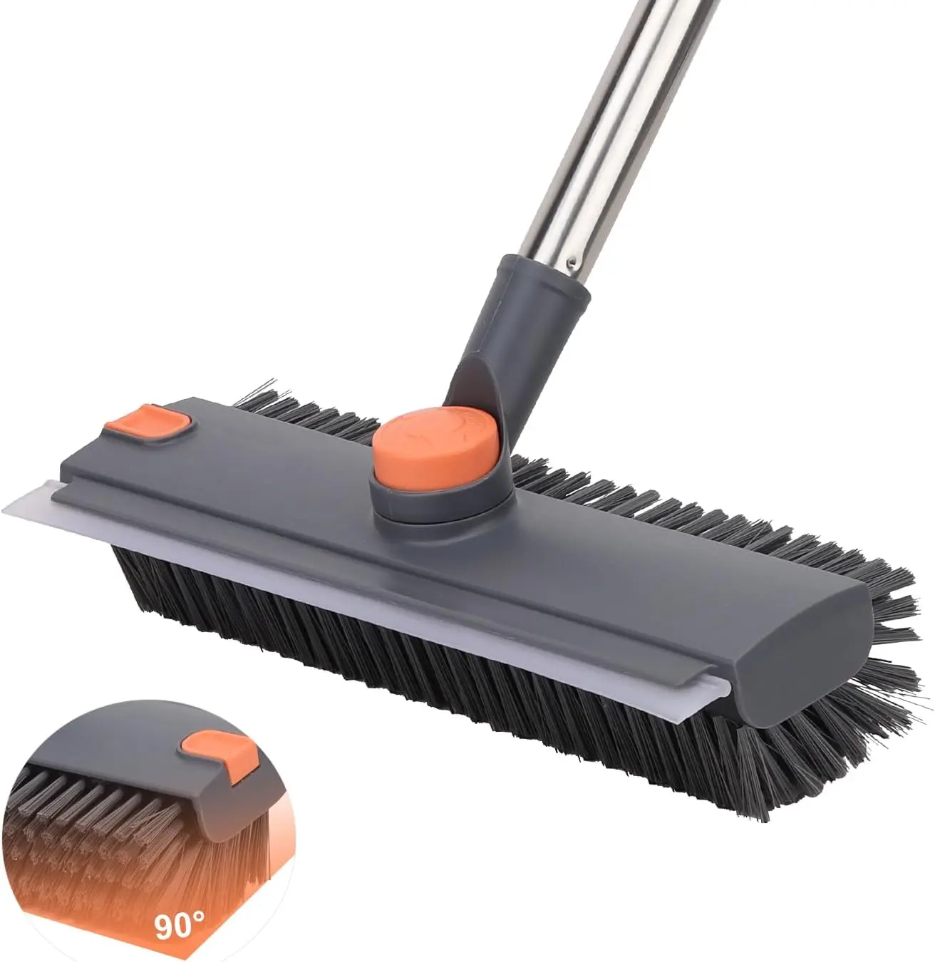 3-in-1 Adjustable Stainless Steel Long Handle Scrub Brush with Squeegee, Durable Multi-Surface Home Cleaning Broom for Bathroom, Bathtub, No Dustpan