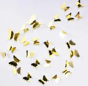 BBTO 48 Pieces Butterfly Wall Decor DIY 3D Mirror Butterfly Stickers Removable Decals Crafts for Birthday Party Bedroom School Bathroom Living Room Decor(Gold)
