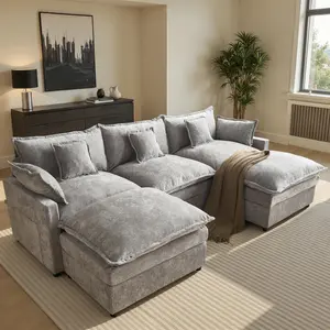 【2 Packages】Modern Sectional Couch with Ottoman, Modular Couch Sectionals Big Comfy Chenille fabric sofa, L/U Shaped Modular Sectional Sofa, Comfortable Upholstered Living Room Furniture, Deep Seat Sofa,Free Combination