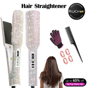 Crystal Diamond Titanium Hair Straightener 2 Inch Rhinestone Flat Iron Instant Heat-up 480°F LCD Display Dual Voltage