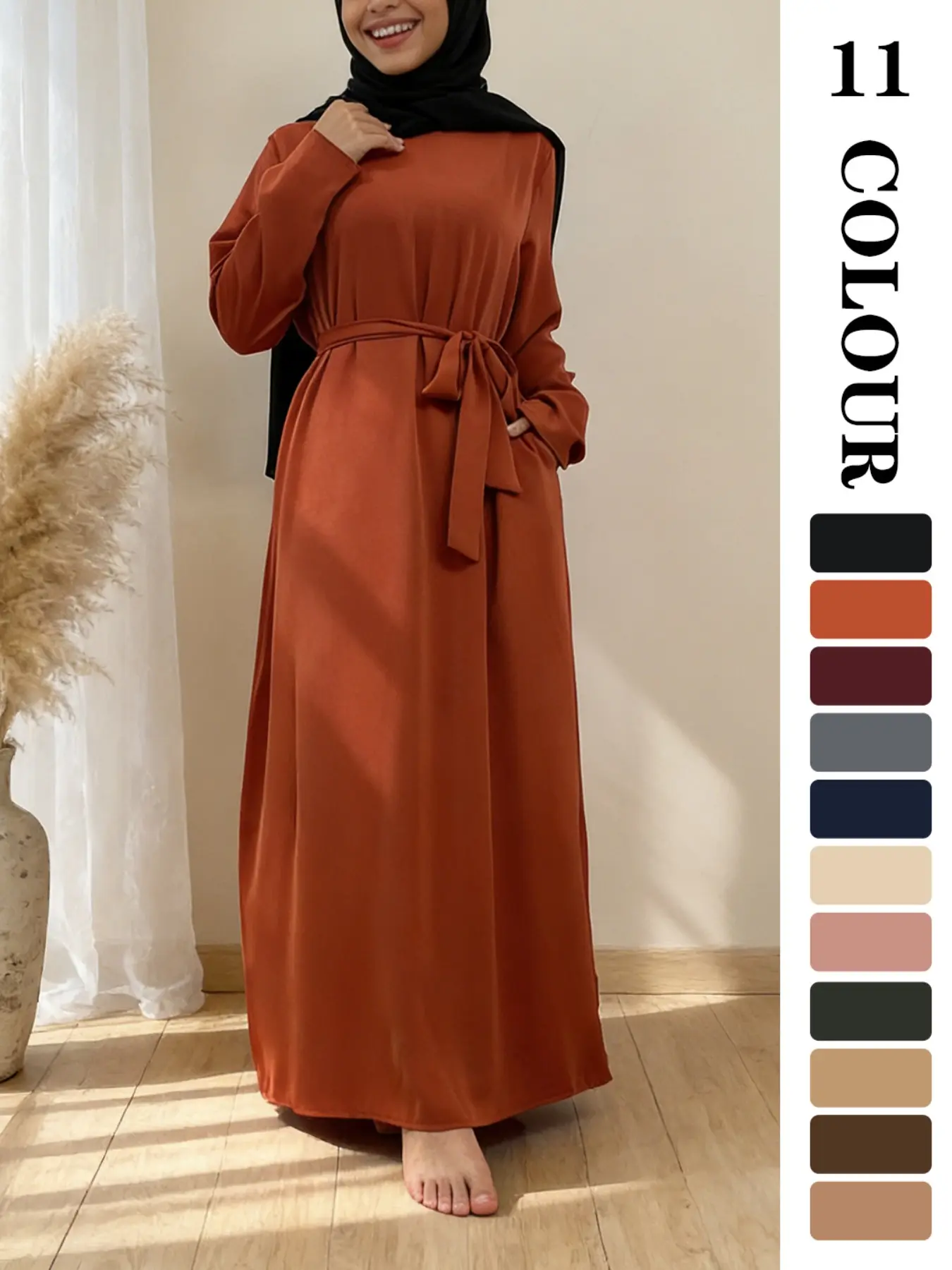 Muslim Sleepwear Modest Style Dress, Pure Color Nida Fabric Long Skirt [with Pockets] [Waist Belt Included] [11 Colors] [5 Sizes] Modest Islamic Clothing Ramadan Clothing Long Sleeve Dresses Modest Clothes, Islamic Modesty Clothes