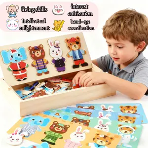 Wooden animal Family Dress-up Puzzle Box for Toddlers(60pcs),Change Clothes Puzzle Games, Preschool Learning Activities Toys for Kids