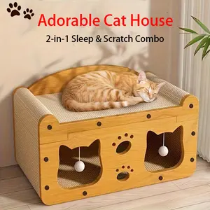 Multi-functional cat house & scratching pad set. Includes a wooden bed with scratching function. Durable double-decker   for spacious indoor areas. Offers cool cat supplies, cozy cat bed, scratching board, indoor accessories, toys, and more. outdoor tikto